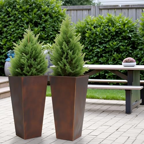 Worth-Garden-12-Dia-x-25-H-Large-Metal-Planter-Set-of-2-Matte-Bronze-Retro-Finish-Tall-Square-Tapered-Steel-Plant-Pots-Decor-Flower-Pot-Indoor-Outdoor-Drainage-Hole-Dual-Purpose-Plant-Saucer Worth Garden 12 Dia x 25 H Large Metal Planter Set of 2 Matte Bronze Retro Finish Tall Square Tapered Steel Plant Pots Decor Flower Pot Indoor Outdoor Drainage Hole Dual Purpose Plant Saucer