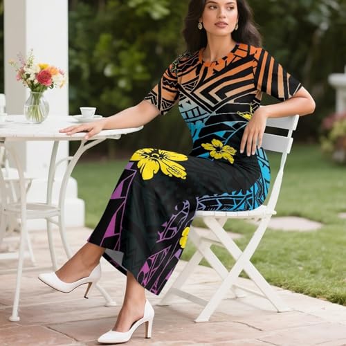 Image of Puletasi Samoan Traditional 2 Piece Outfits for Women Short Sleeve Crop Top and Maxi Skirt Sets Puletasi Dress