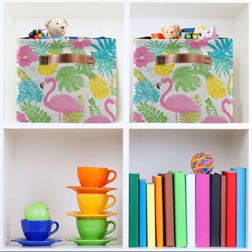 Image of Aslsiy Storage Basket Summer Flamingo Hibiscus Nursery Bins Tropical Leaf Pineapple Baby Box Canvas Clothes Shelf Basket Laundry Hamper Gift Basket for Home Closet 1 Pcs