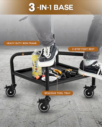 Shop Stool with Lockable Rubber Wheels Adjustable Backrest Tool Tray Storage 400 lb Capacity Rolling Garage Stool (Black)