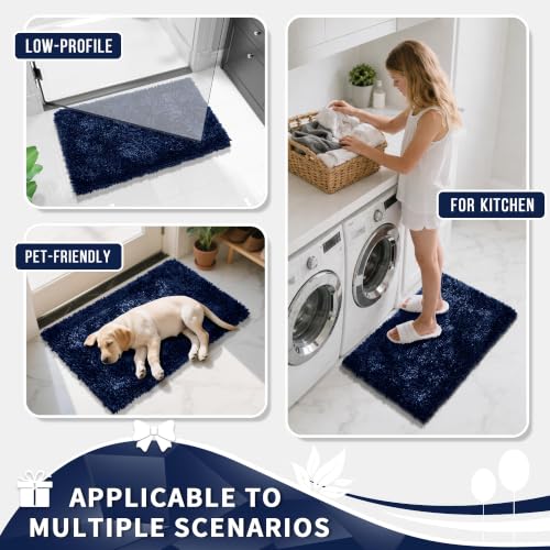 Image of Yimobra Long Bathroom Rugs Runner 55x24 Inch, Extra Thick Soft Absorbent Chenille Bath Mat, Non Slip Machine Washable, Quick Dry Bath Rugs for Bathroom Floor, Tub and Shower, Dark Blue