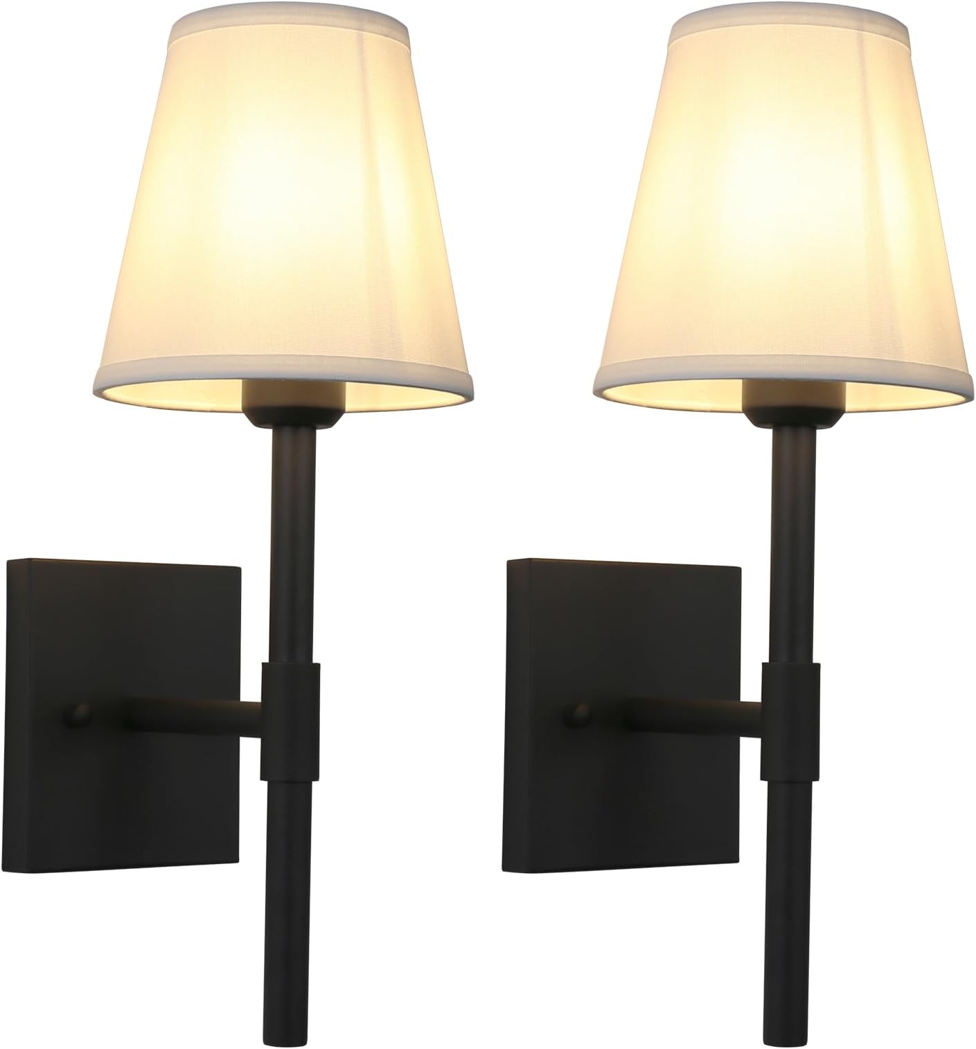 Permo Set of 2 Vintage Wall Lamp Classic Industrial Wall Sconce Vanity Light Wall Mounted Lighting Fixture with White Fabric Shade for Bedroom Living Room Hallway (Black)