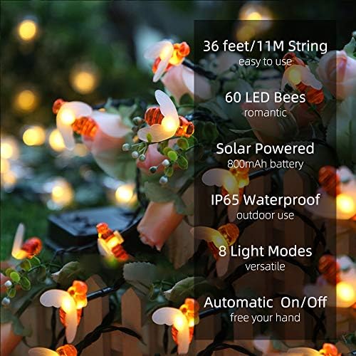 Ulanox Solar Lights Outdoor Garden Lights Solar Powered 36ft 50 LED Bee Fairy Lights 8 Modes Auto On/Off Outdoor Christmas Lights Waterproof Bee String Lights for Garden Gazebo Patio Party Xmas Tree