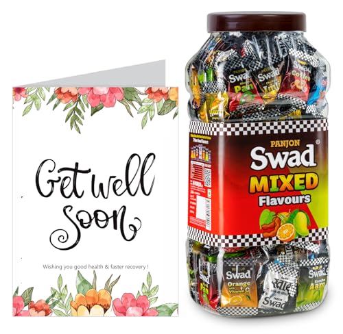 Image of Swad Get Well Soon Gift with Card (Swad Mixed Flavours Candy 200 Jar & 1 Greeting card) 2 units
