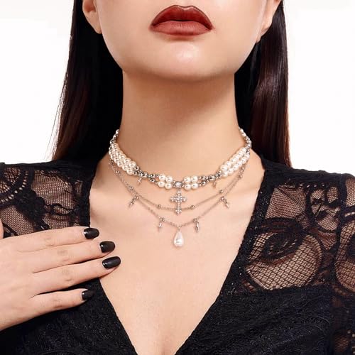 WOWORAMA Gothic Pearl Cross Necklace for Women Layered Pearl Strand Necklaces Vintage Punk Goth Cross Pearls Choker Necklaces Halloween Christmas Gothic Jewelry