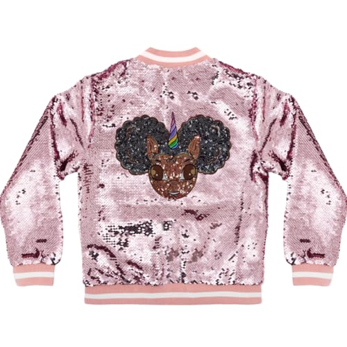 Girl's Sequin Jacket with Unicorn Studded Logo Patch - Sparkle Pink