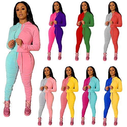 PINSV Women's 2 Piece Outfits Long Sleeve Pullover Hoodie Workout Sets Loungewear Sweatsuit Grey Pink XL - Thumbnail 2