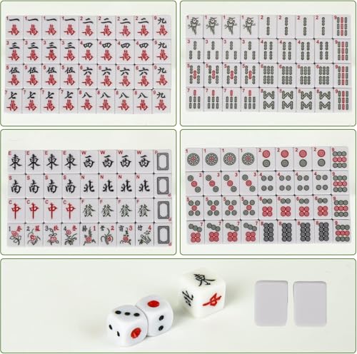 FOLLDALT Mahjong-Set, 144 Teile, 3,0 x 2,25 x 1,7 cm Mahjong-Steine, tragbares mit 3 Würfeln, Mahjong-Set in voller Größe mit englischen Zahlen für Reisen, Partys und Familienspiele 麻将