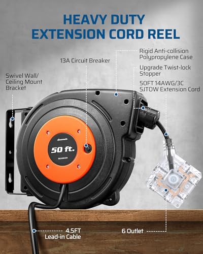 Image of DEWENWILS 6 Grounded Outlets Retractable Extension Cord Reel | 50FT Heavy Duty Power Cord, Llluminatedn /off Switch, Wall /Ceiling Mounted for Garage, Workshop, ETL Listed