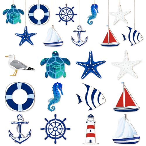 Image of 24Pcs Nautical Theme Wooden Hanging Ornaments Set, Turtle Starfish Sailboat Seahorse Anchor Lighthouse Ocean Hanging Decorations for Coastal Home, Party Holiday Decoration