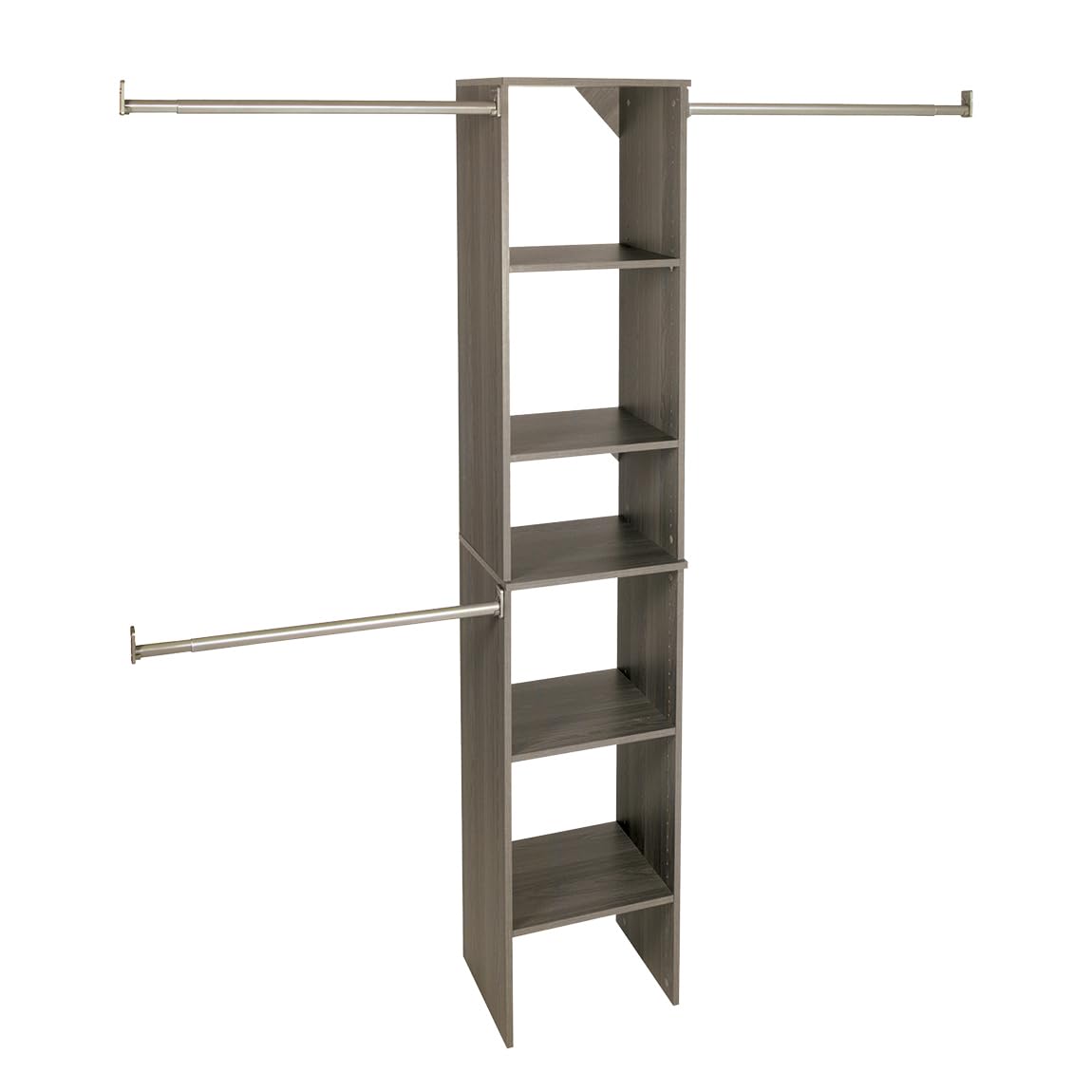 ClosetMaid SuiteSymphony Wood Closet System Starter Kit with Tower and 3 Hang Rods, Adjustable and Customizable, For Walk-In and Reach-In Closets, Fits Spaces 4 – 9 ft. Wide, Graphite Grey