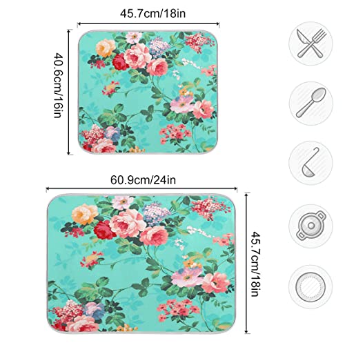 Absorbent Dish Drying Mat Microfiber - Teal Roses Flower Drying Pad For Kitchen Counter 18 X 24 Inch #TOP1