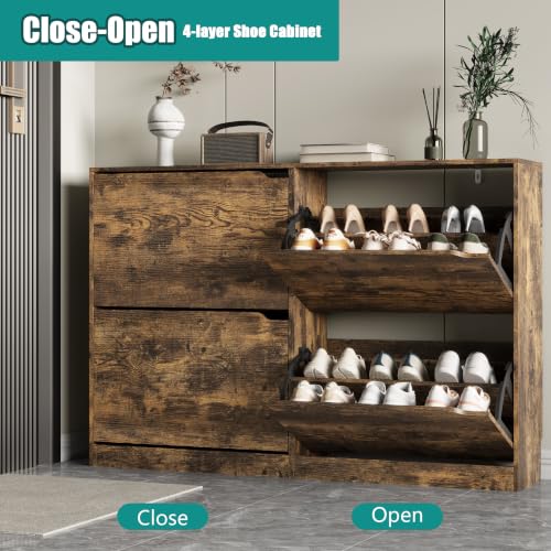 Image of Xixini Shoe Storage Cabinet for Entryway with 4 Flip Drawers, Sturdy Wood Hidden Shoe Storage, Freestanding Narrow Slim Shoe Organizer for Front Door Entrance, Living Room, Hallway, Bedroom, Brown