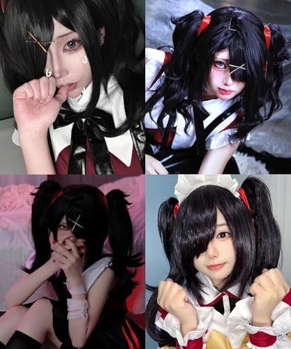 Image of Half and Half Black Ponytail Wig with Bangs Short Curly Black Anime Lolita Cosplay Wigs + Hairpins + Red Ribbons Black Twin Tails Wig for Women Halloween Party