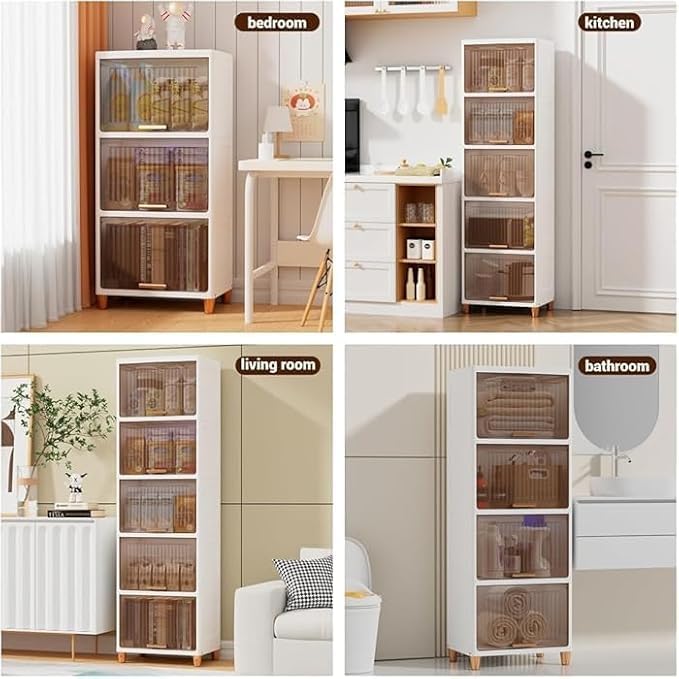 Image of Plastic Cupboard for Storage -5 Pack Multipurpose Stackable Cabinet Drawer, Foldable Wardrobe Organizer for Clothes, Kitchen Storage Cabinet, Modular Drawer Almirah with Magnetic Doors