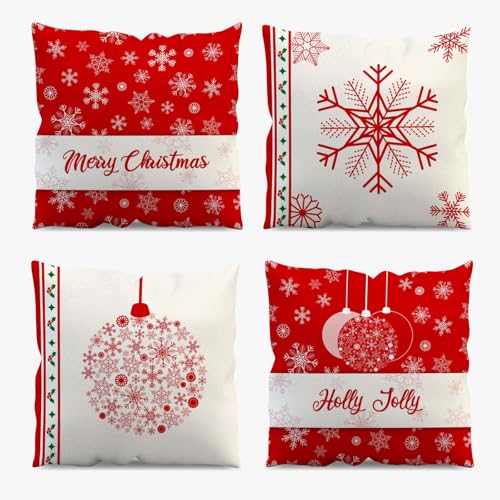 AIBIIN Lot de 4 housses de coussin de Noël avec flocons de neige pour décoration de maison, canapé, 45 x 45 cm, rouge