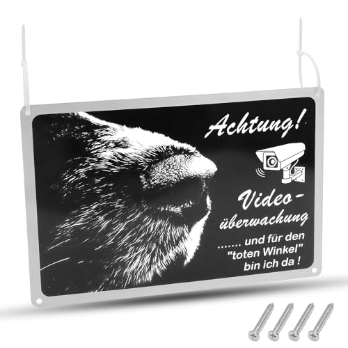 1 Stück AchtungHund Schild Videoüberwachung - Warnschild für Privatgrundstück, Zaun, Wand, Tür - Kamera Schild Überwachung mit Hund Warnung aus Aluminium, 30x20cm, Vorgebohrte Löcher
