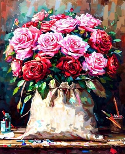 数字油絵 薔薇 数字キットによる絵画 花 Paint by Numbers DIYペイント 大人の 初心者 子供用 簡単に塗れる アクリル水彩絵の具 手芸 画材 手工芸 キット 3つのペイントブラシと1つのセットのアクリル顔料を使用 ホーム オフィス装飾