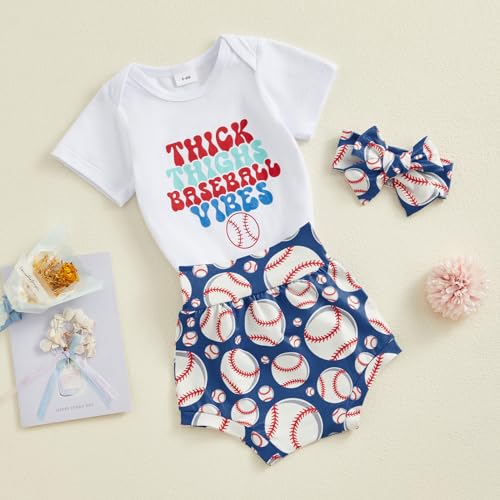 Baby Girl Baseball Outfits Letter Print Short Sleeve Romper Baseball Bummie Shorts Headband Set 3Pcs Summer Outfits3