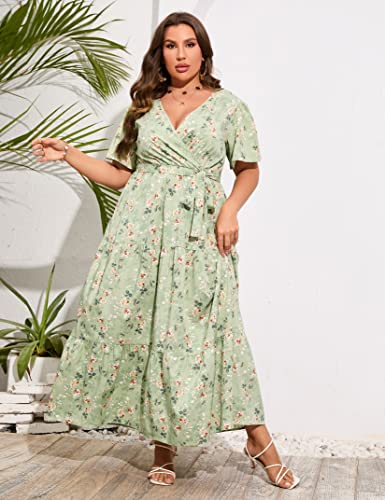 Image of ShopWonder Womens Plus Size V Neck Wrap Maxi Dress High Waist Ruffle Summer Casual Dress with Belt