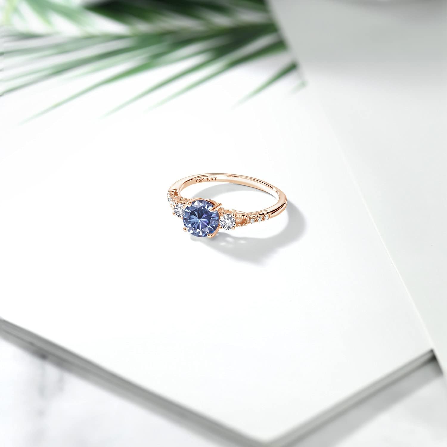 Gem Stone King 10K Rose Gold 3-Stone Engagement Ring for Women | 6MM Gemstone Birthstone Created Sapphire & Diamond Accent | Wedding Anniversary Promise Ring | Persian Blue Moissanite-April | 9.5