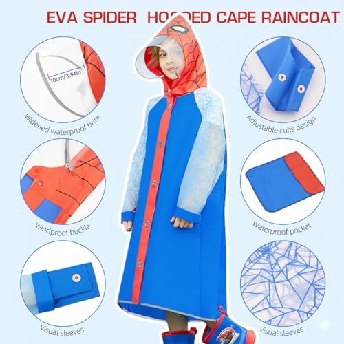 Image of PALAY Rain Coat for Kids Spider Poncho Raincoat for Kids Boys Girls with Pockets Wide Brim Hooded Poncho Safe School Bag Rain Cover Spider Print