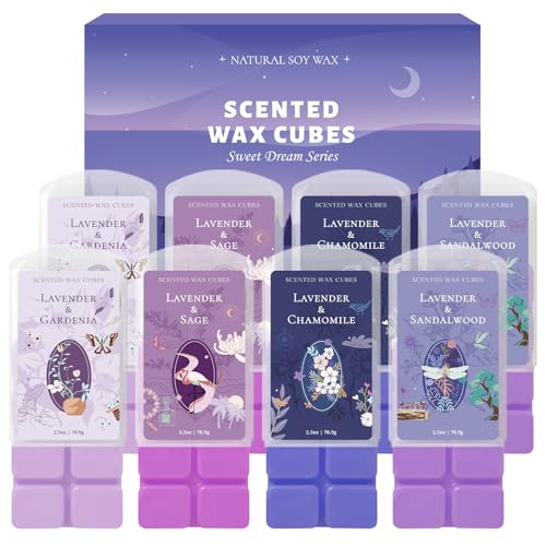 Image of SCENTORINI Wax Melts, Wax Cubes Strong Scent, Lavender Scented for Sleep | Natural Relax Soy Wax Melts for Warmer, 70g * 8-Pack, 2 * Lavender & Gardenia, Sage, Chamomile, Sandalwood