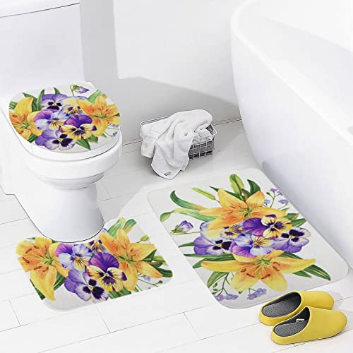 DAIERCY Rutschfestes Badezimmer-Teppich-Set, 3-teilig, Badematten-Set, Lilienblume, Stiefmütterchen, Blumen, Badteppich… – Bild 3