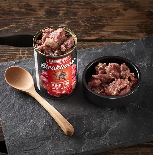 Fleischeslust Nassfutter für Hunde & Katzen | Steakhouse Rind pur (6x400g) | Reinfleisch-Dosen | Monoprotein | Ergänzungsfutter | sensitiv