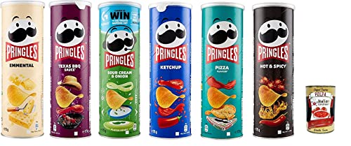 Pringles Variety Pack 6er Emmental Texas BBQ Sour Cream & Onion Ketchup Pizza Hot & Spicy Stapelchips Party-Mix wiederverschließbarer Deckel knuspriger Snack 6× 175 g + Italian Gourmet polpa