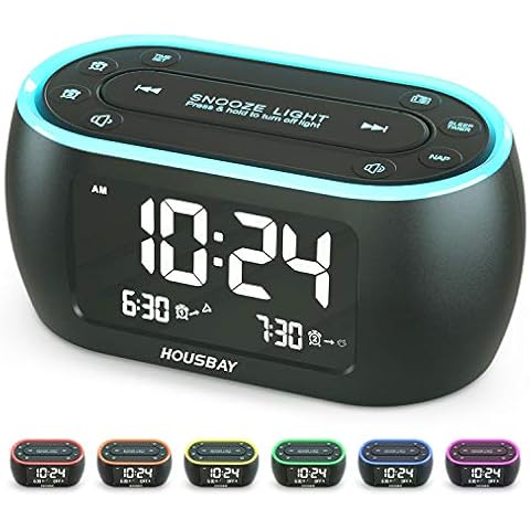 HOUSBAY Glow Small Alarm Clock Radio for Bedrooms with 7 Color Night Light, Dual Alarm, Dimmer, USB Charger, Battery Backup, Nap Timer, FM Radio with Auto-Off Timer for Bedside Cover