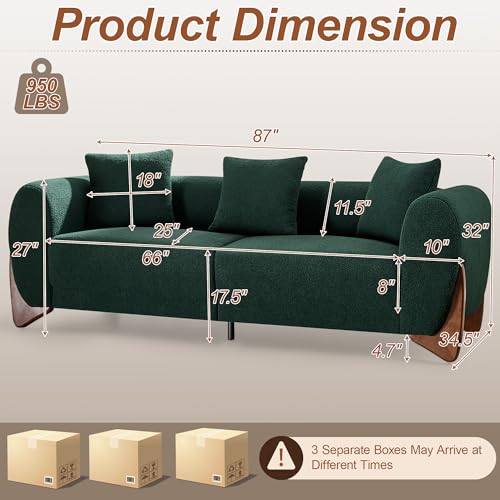 Image of 87 inch Sherpa Boucle Cloud Couch Modern 3 Seater Sofa with Solid Wood Legs, 25 inch Extra Deep Seat, Comfy Thick Cushion Upholstered Sofa Couches with 3 Pillows for Living Room, Green