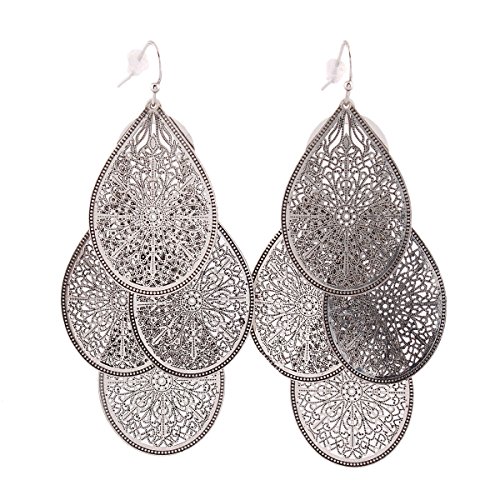 Grace Jun Bridal Vingtage 4 Teardrop Shape Pierced Dangle Earrings Large Statement Earrings (Vintage silver)