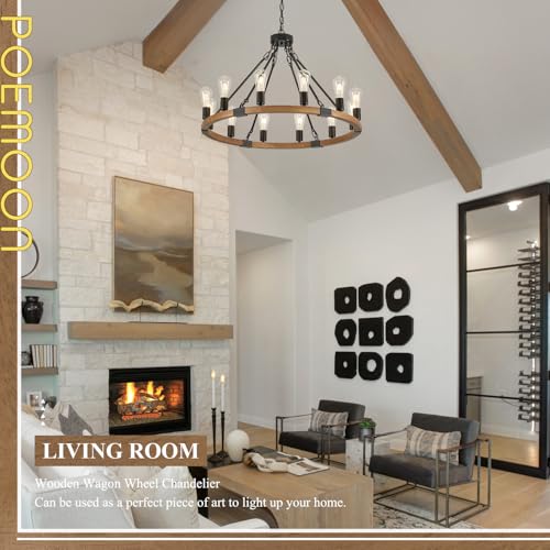 Image of Oak Wooden Wagon Wheel Chandelier 12-Light 31.5 inch Light Fixture