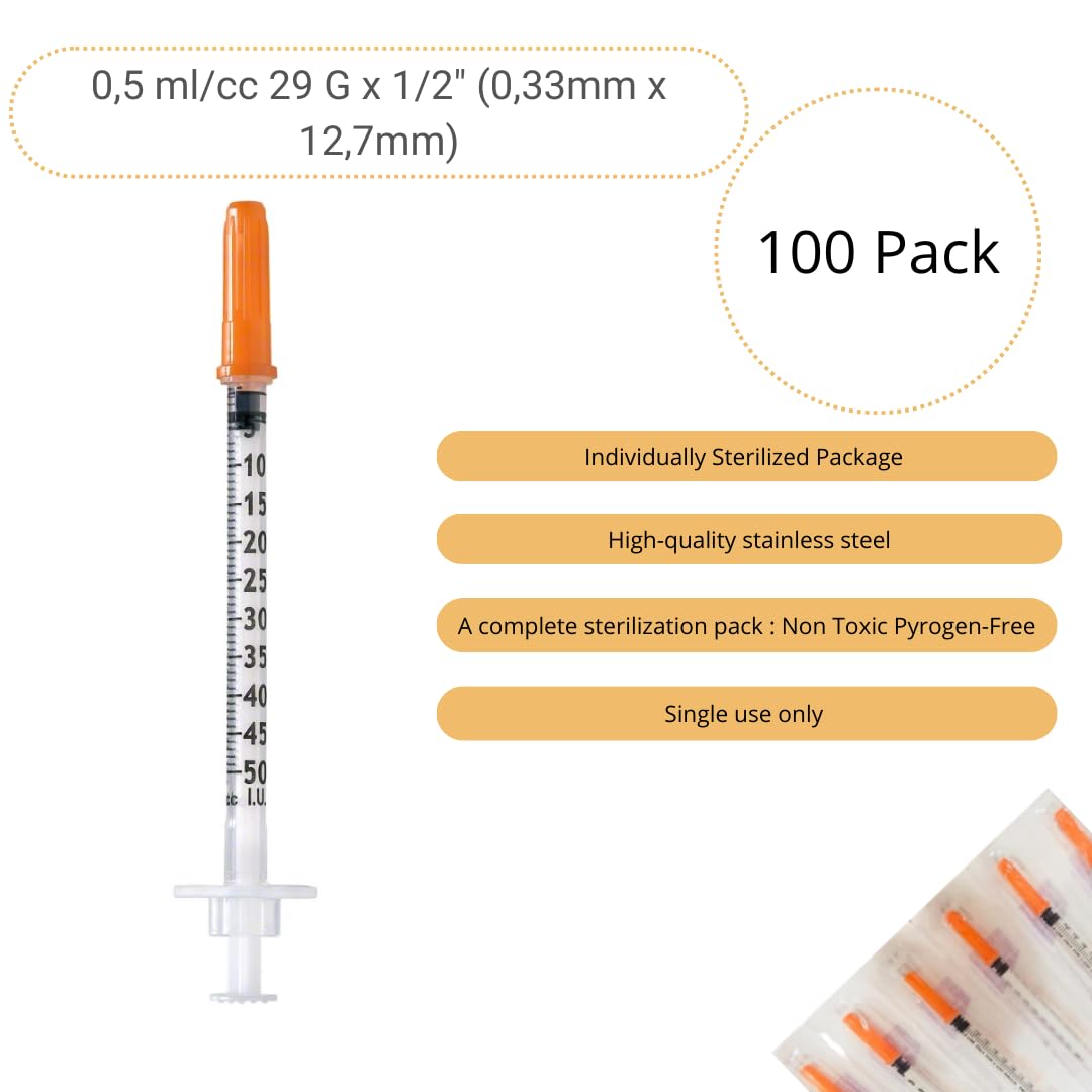 100 Stück 0.5 ml/cc Plastiktube 29G (0,33 x 12,7mm), Mehrzweck-Messwerkzeuge, Einzeln verpackt (29G 1/2")