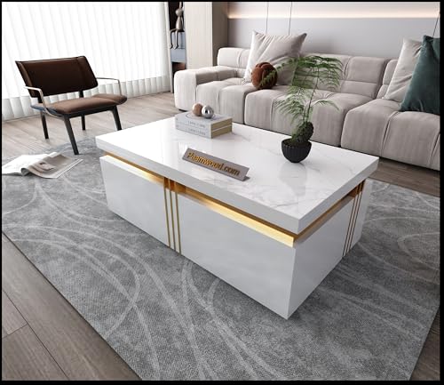 Image of Premium Marble-Top Wooden Center Table for Living Room | Coffee Table | Contemporary Design Craftsmanship (White - 42x24x17 Inch)