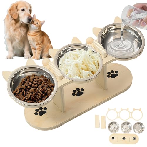 GOEDCH Ciotola per gatti rialzata: mangiatoia per gatti con 3 ciotole in acciaio inox e supporto in legno, soluzione ergonomica regolabile in altezza, per gatti e cani di piccola taglia, design