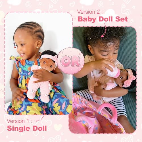 Image of OUOZZZ Soft Black Baby Dolls for Girls - First African American Baby Dolls Multicultural Plush Rag Doll Sleeping Cuddle Buddy Doll Toy for Kids 10 inch