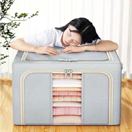 Large Capacity Clothes Storage Box, Oxford Fabric Organizer with Window, Holds 50 Sweaters, 30 Coats, 8 Blankets, Gray