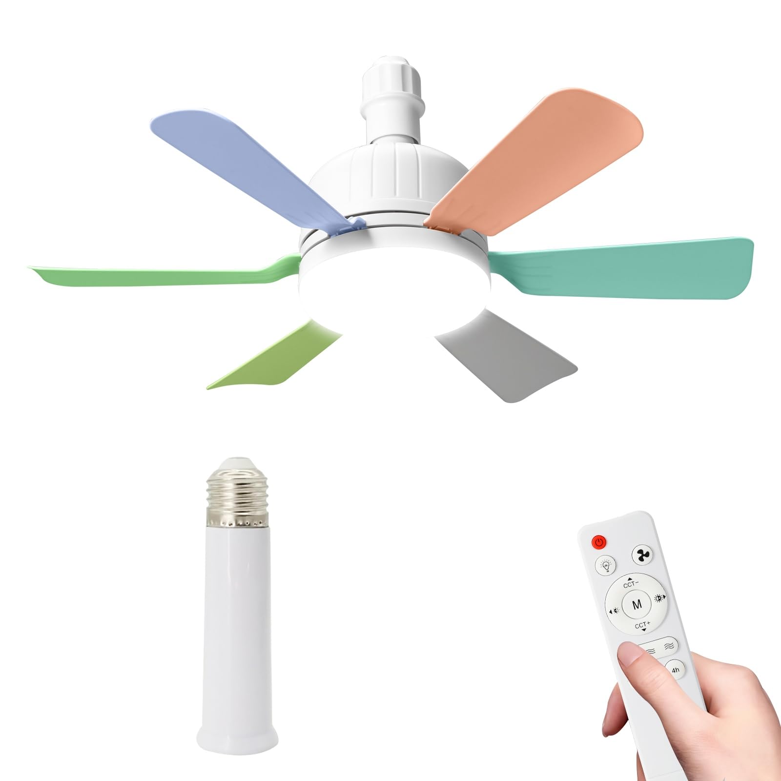 Kouamor E27-Colorful+Extension Rods 46Cm Ceiling Fan Light Bulb Bayonet Fitting, Ceilings Fans With Light & Remote Control, Ceiling Fans Lights Dimmable, E27/B22 Ceilings Lamp With 6 Blade, 3 Speed Timing (E27-Colorful+Extension Rods)