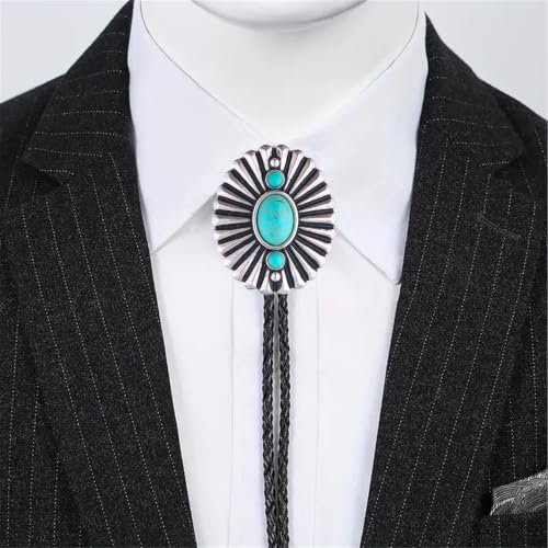 Image of Turquoise Bolo Tie for Men, Leather Braided Necktie Western Cowboy Bola Tie Costume Accessories for Men Women