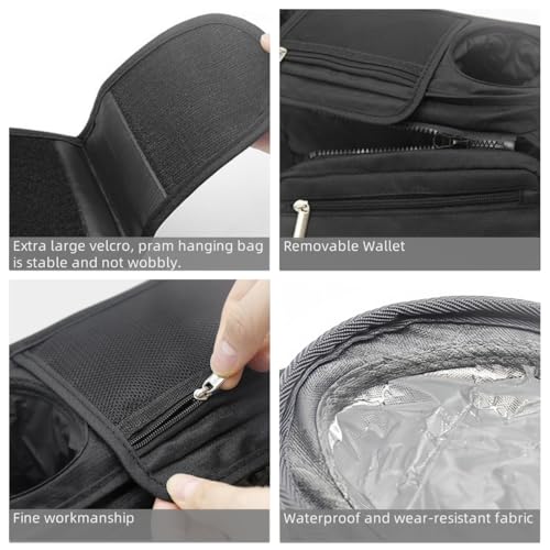Kinderwagen Organizer Universal, Kinderwagen Tasche mit 2 Isolierten Getränkehalter, Buggy Kinderwagentasche mit Schultergurt und Stauraum für Windeln&Handys, Schwarz Baby Stroller Bag