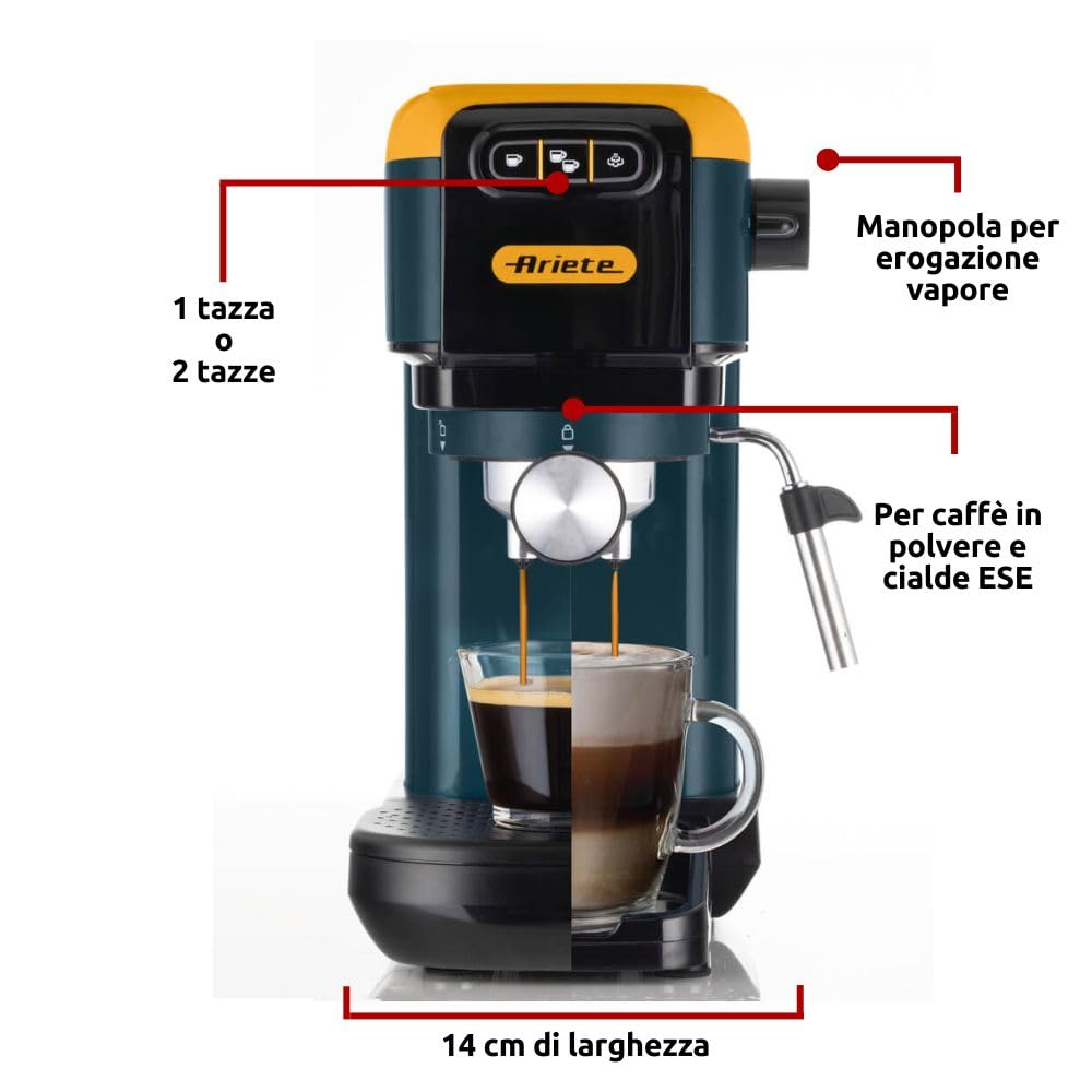 Ariete 1399 Macchina da caffè espresso Mango Yellow, Per polvere e cialde ESE, 1300 W, Capacità 1,1L, 15 bar di pressione, Filtro 1, 2 tazze e cialda ESE, Cappuccino, Giallo
