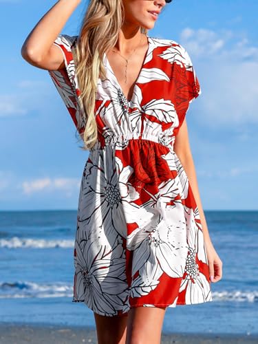 Image of CUPSHE Women's Swimsuit Coverup Casual V Neck Beach Dress Short Sleeve Elastic Waist Swimwear Cover Ups 2026 Beachwear