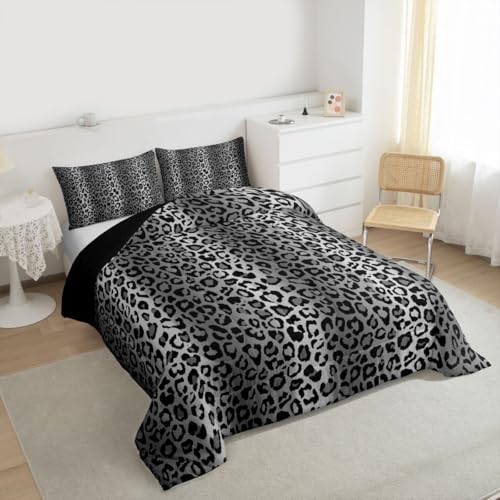 Image of Feelyou Leopard Printed Comforter Set Africa Cheetah Print Bedding Set Toddler Size for Kids Boys Girls Teens Safari Animal Comforter Silver Gray Black Duvet Set Reversible Room Decor Quilt Boys