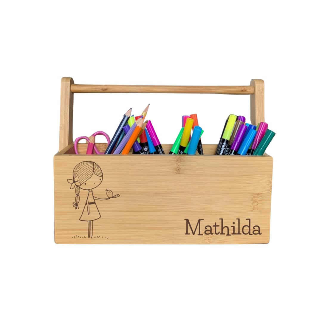 Schreibtischorganizer, Stiftehalter Bambus, personalisierte Stiftebox, Geschenk zur Einschulung