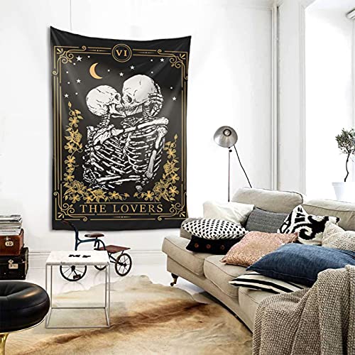 Wallohere Skull Tapestry Wall Hanging The Kissing Lovers Black Tarot Aesthetic Human Skeleton Tapestries Romantic Love For Living Room Bedroom Dorm Decoration 60X40 Inch #TOP1