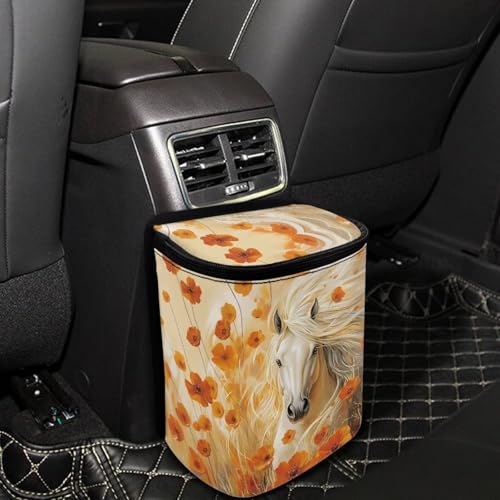 Image of Talayituse Horse Floral Print Car Trash Can with Lid, Leak Proof Auto Trash Bag Hanging Vehicle Garbage Can Multipurpose Storage Container for Back Seat Road Trip
