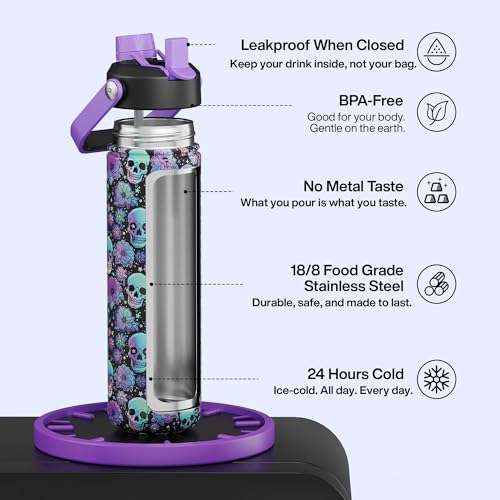 Image of ENCOOL Insulated Water Bottle with Straw Stainless Steel Water Bottle, Leak-Proof, BPA-Free, Double Wall Vacuum Keeps Cold for 24 Hours for Sports, Travel, School (26 oz, Floral Afterlife)