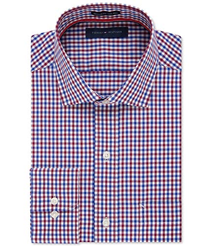 Tommy Hilfiger Men's Regular Fit Non Iron Tattersall, Rouge, 15.5/32-33